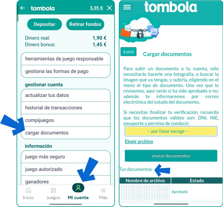 Mi cuenta > Cargar documentos